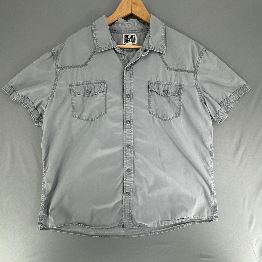 Converse One Star Western Shirt Mens XL Grey Short Sleeve Pearl Snap Button